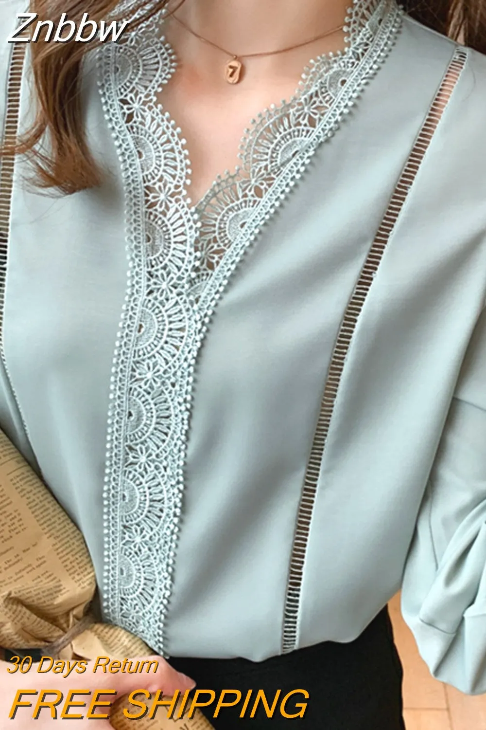 Znbbw Casual Lace Chiffon Shirt Women Slim Long Sleeve V-neck Woman Blouse Fashion Spring Solid Tops Office Lady Clothes 25011