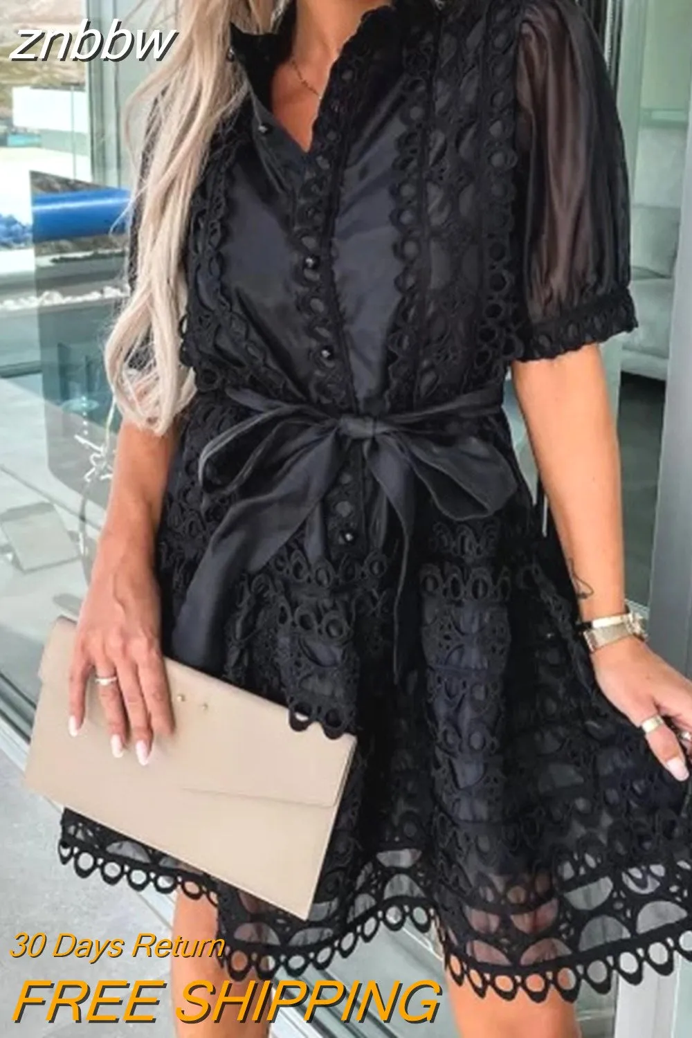 znbbw Women Hollow Out Embroidery Pattern Mini Dress Casual Retro Pearl Button Dress Fashion Ladies Lace Stitching Belted Shirt Dress