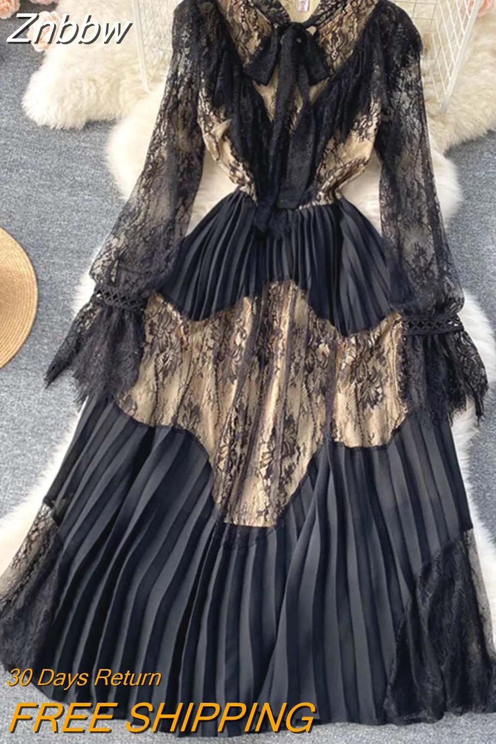 Znbbw Summer Elegant Sexy Women Vintage Lace Long Sleeve Bow Neck Robe Femme OL High Waist Casual Slim Party Dresses