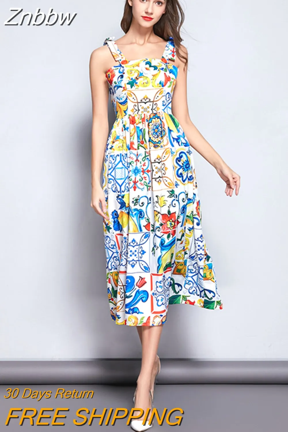 Znbbw New 2023 Fashion Runway Summer Dress Women's Bow Spaghetti Strap Gorgeous Floral Print Midi Cotton Dress vestidos