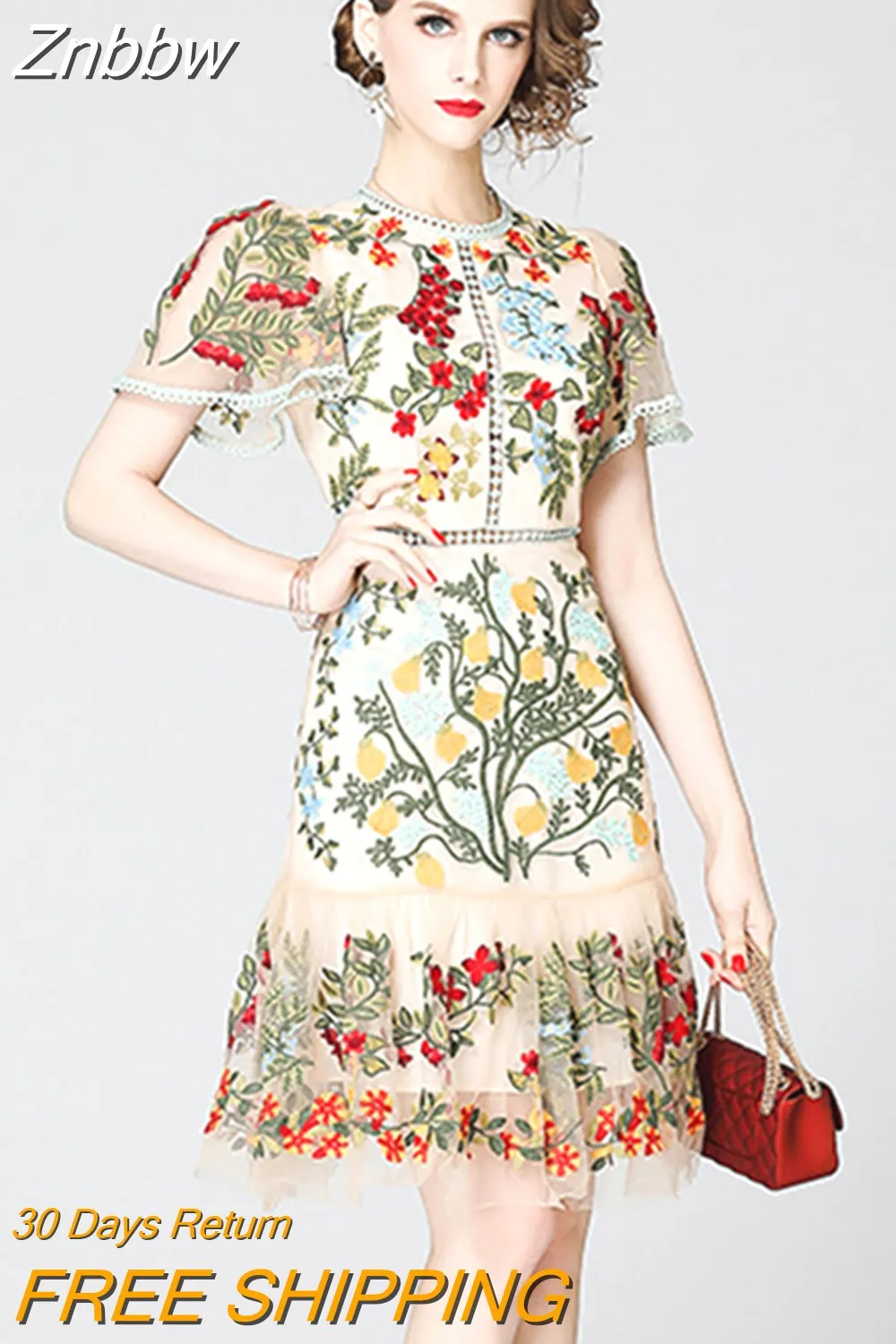 Znbbw Fashion Designer Runway Dress Summer Women's Short Sleeve Floral Embroidery Elegant Lace Bodycon Ruffles Short Dresses 0410