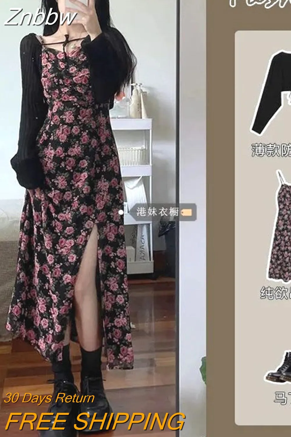 Znbbw Strap Floral Dress Summer Thin Strap Dress Crop Sun Top Shawl Clothing Waist Long Dress Matching Set for Women