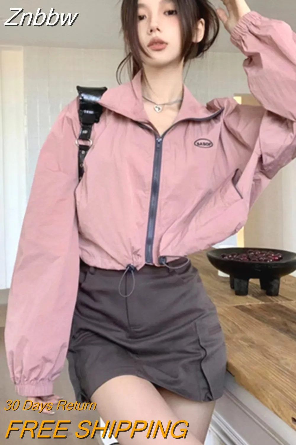 Znbbw Hip Hop Streetwear Cropped Jacket Women Harajuku Vintage Zip Up Windbreaker Coats Loose Sunscreen Thin Outerwear Korean