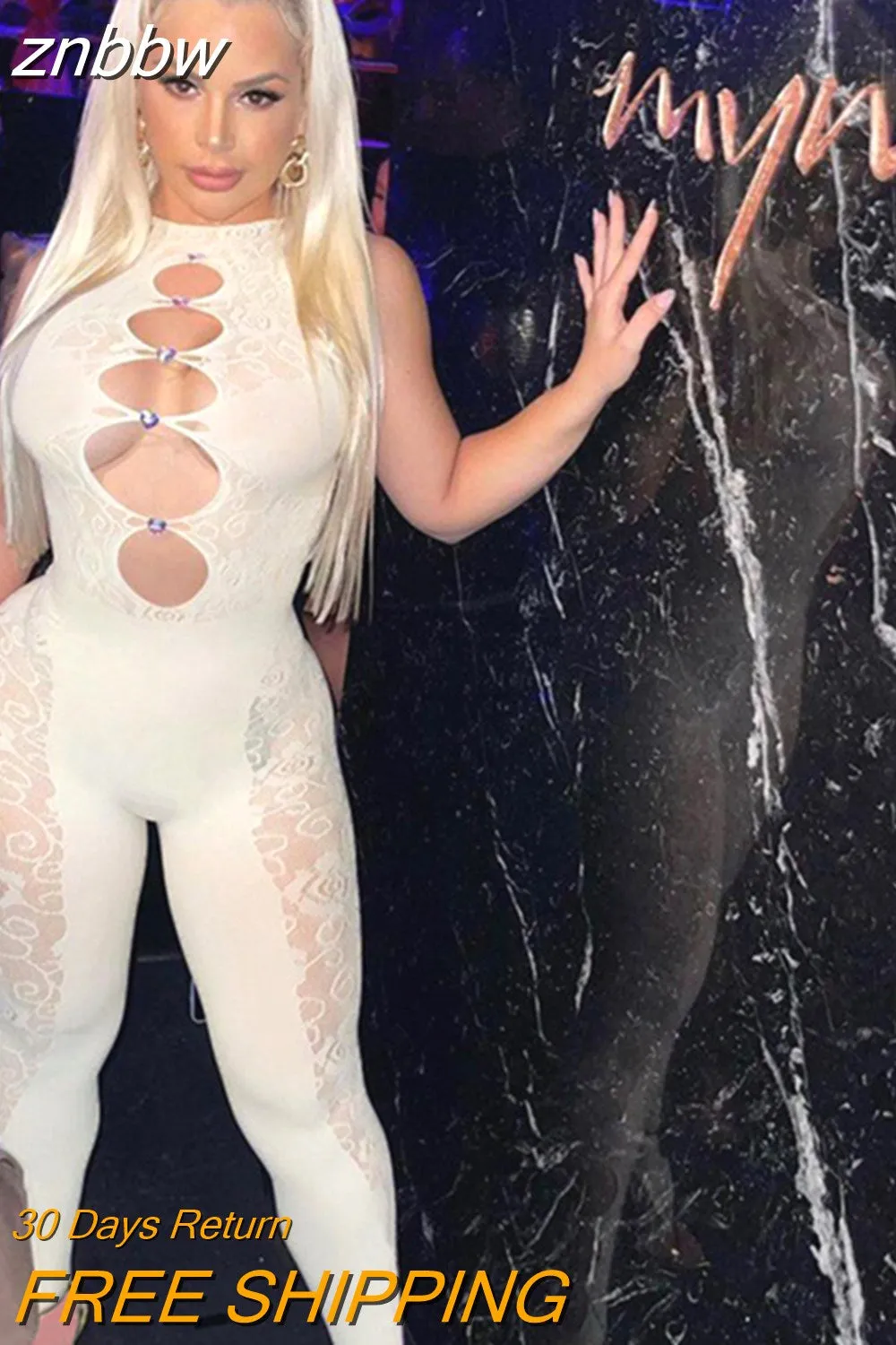 znbbw Fall Sexy Solid Mesh Hollow Out Bodycon Jumpsuit Club Outfit For Women 2023 Sleeveless Party One Pieces Female Jumpsuit