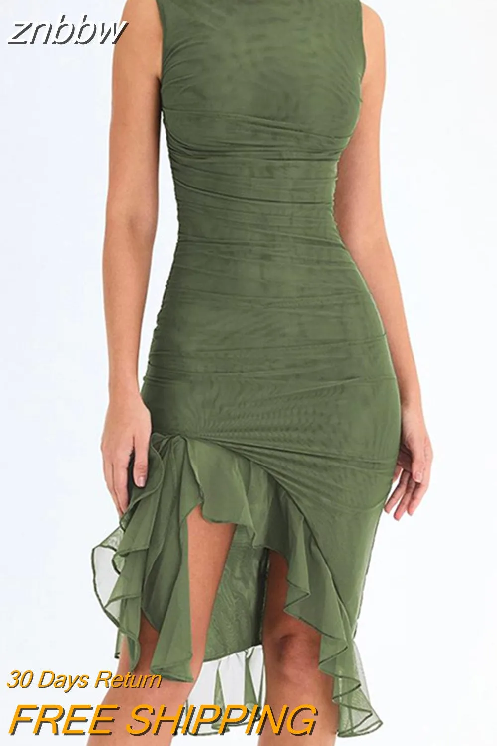 znbbw Elegant Ruffle Ruched Midi Dress For Women Robe Summer New Backless Sleeveless Irregular Club Party Sexy Dress Vestido