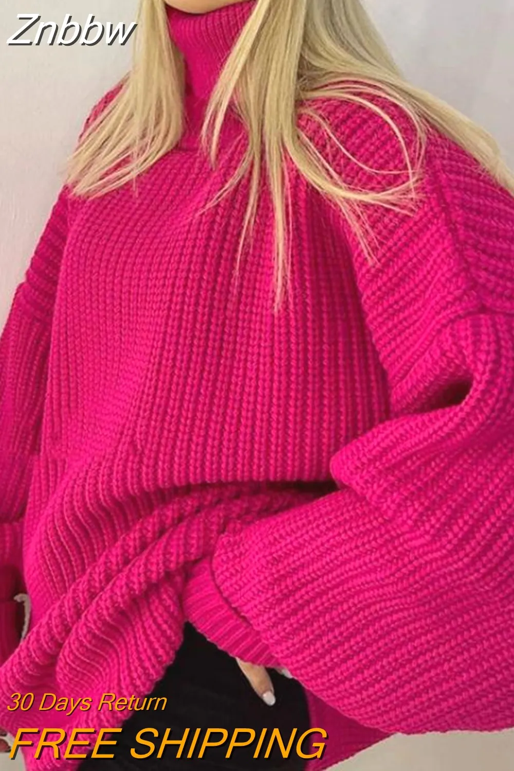 Znbbw Women Oversized Turtleneck Sweaters Thick Elegant Autumn Winter 2023 Fashion Long Sleeve Sweaters Rose Red Female Jumper Tops