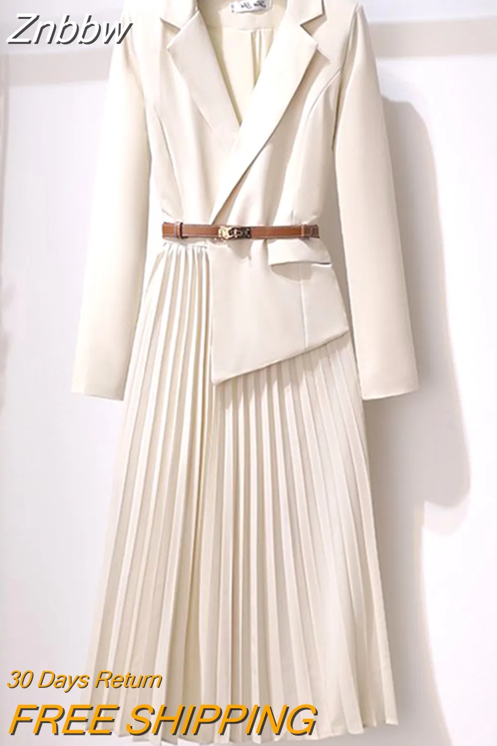 Znbbw Office Lady One Piece Patchwork Blazer Dress French Women Elegant Long Sleeve Notched Collar Belt Pleated Vestidos