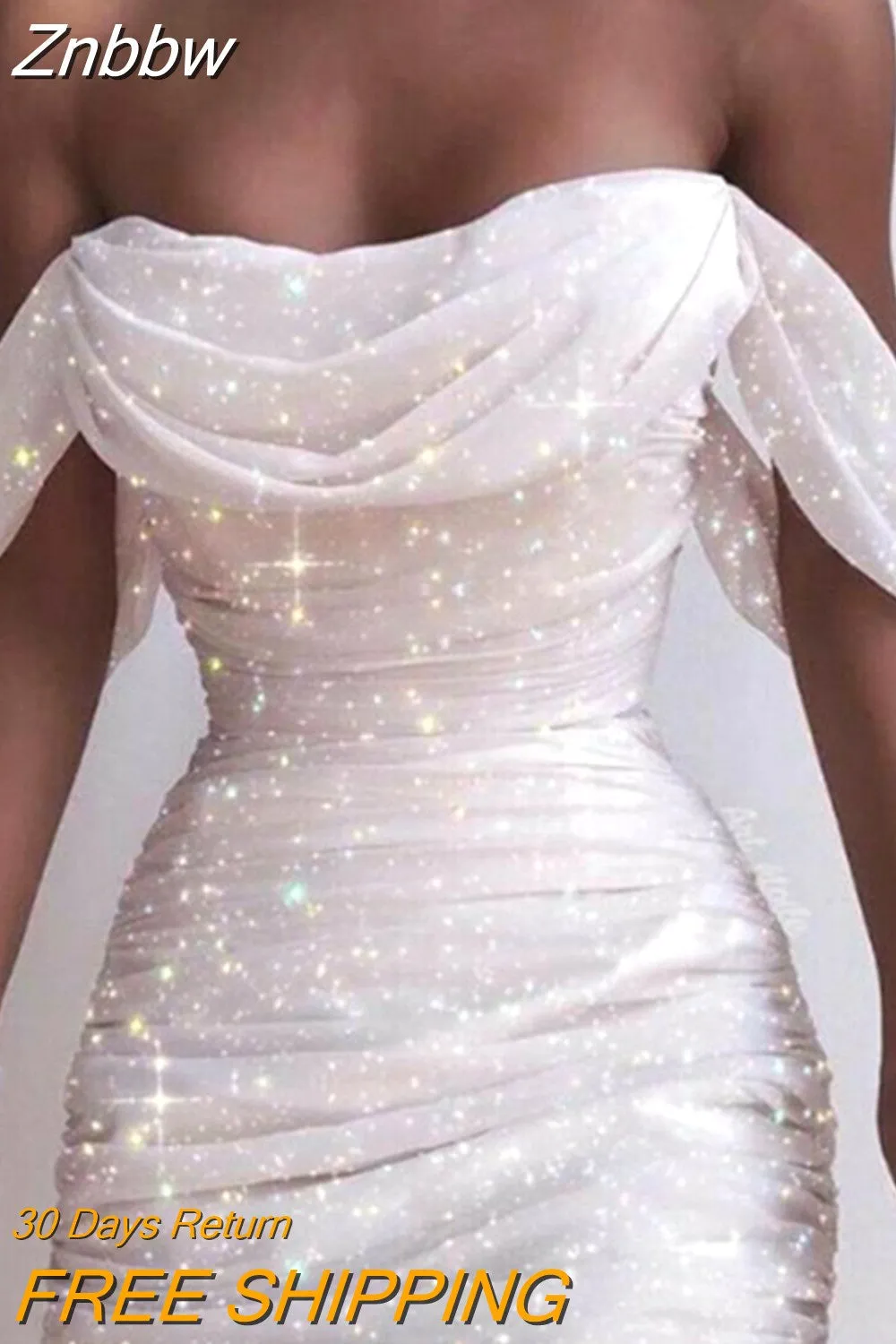 Znbbw Women's Off Shoulder Tube Dress Elegant Party Slash Neck Ruched Pleated Bodycon Mini Dress Chic Fashion Sequin Wrap Dresses