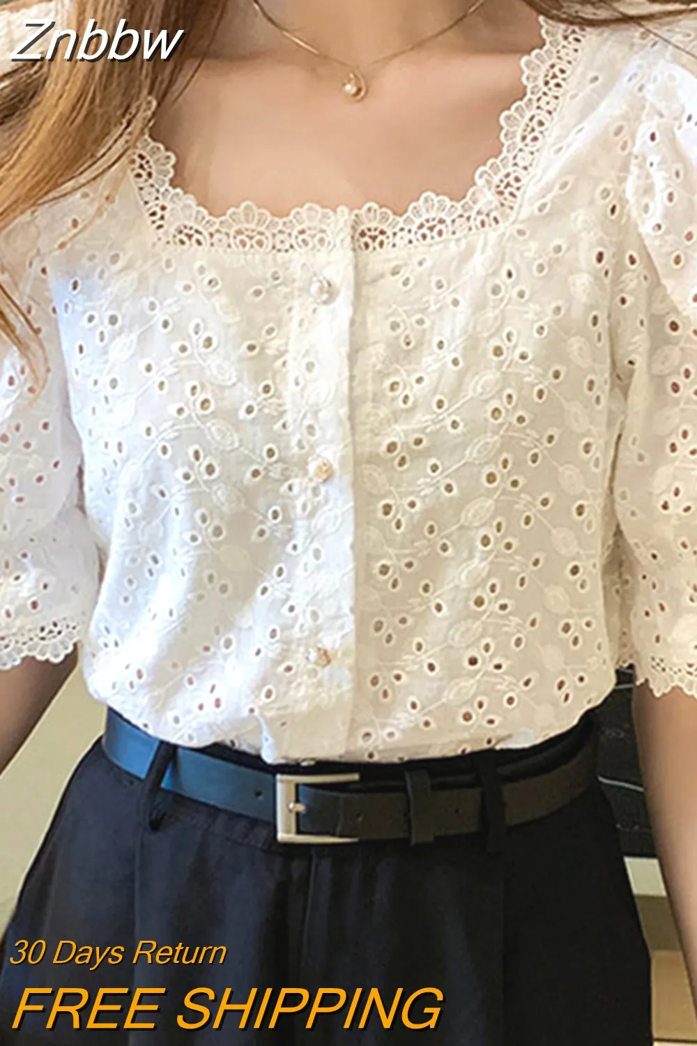Znbbw Elegant Summer Short Sleeve Woman Shirts Square Collar Hollow Out White Blouse Women 2023 Korean Lace Shirt Blusas 13934