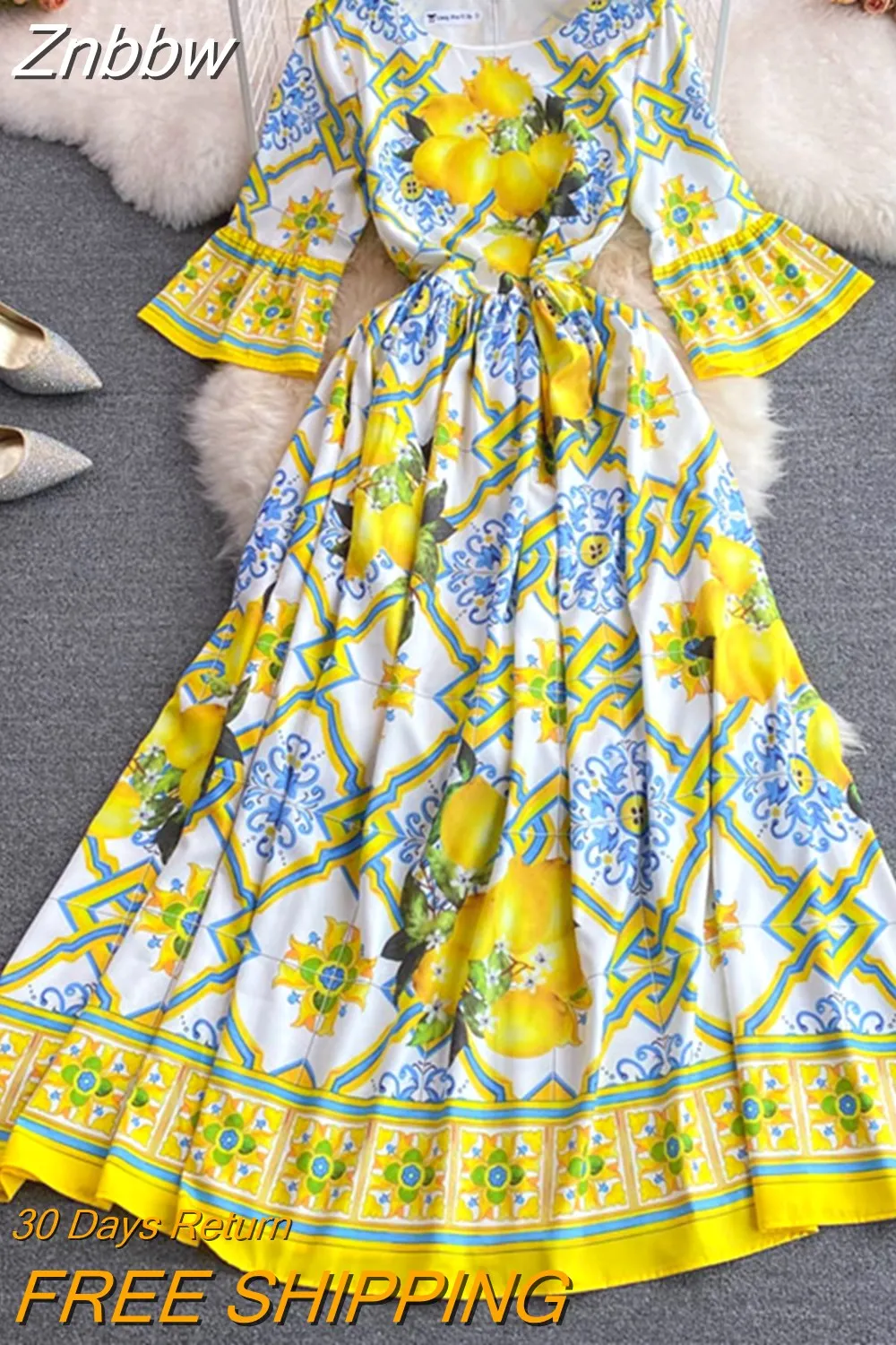 Znbbw Designer Summer Bohemain Dress Women's Flare Sleeve Blue and White Porcelain Print Vintage Long Party Dress N6602