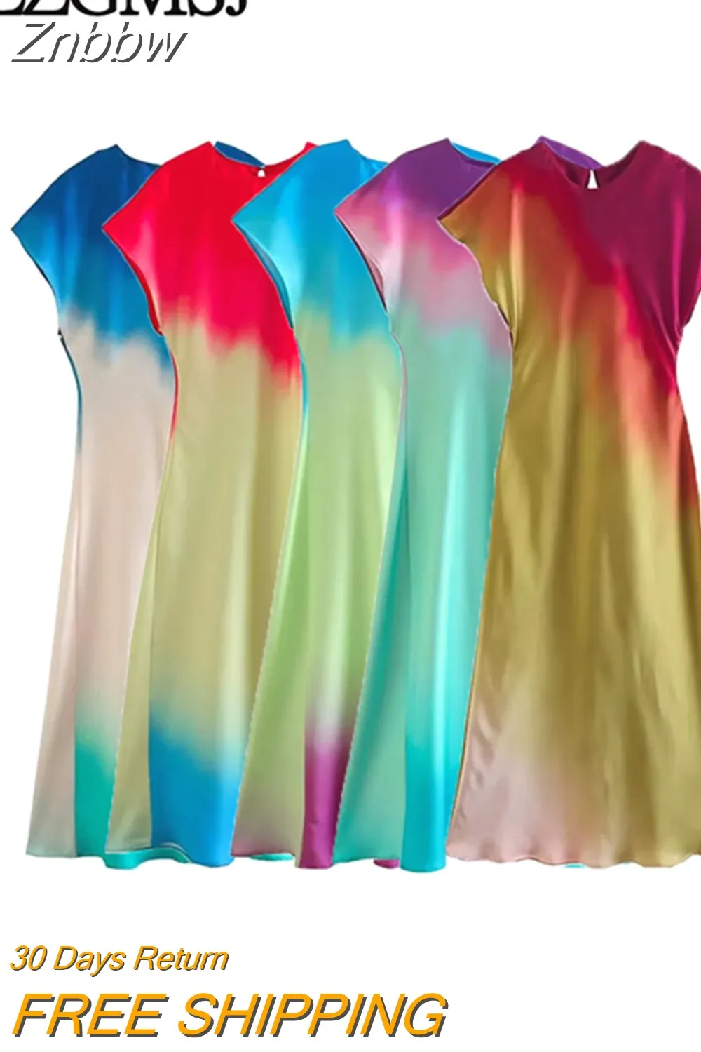 Znbbw TRAF Women 2023 Summer Gradient Loose Dress Mid-length O-neck Short Sleeve Straight Dresses