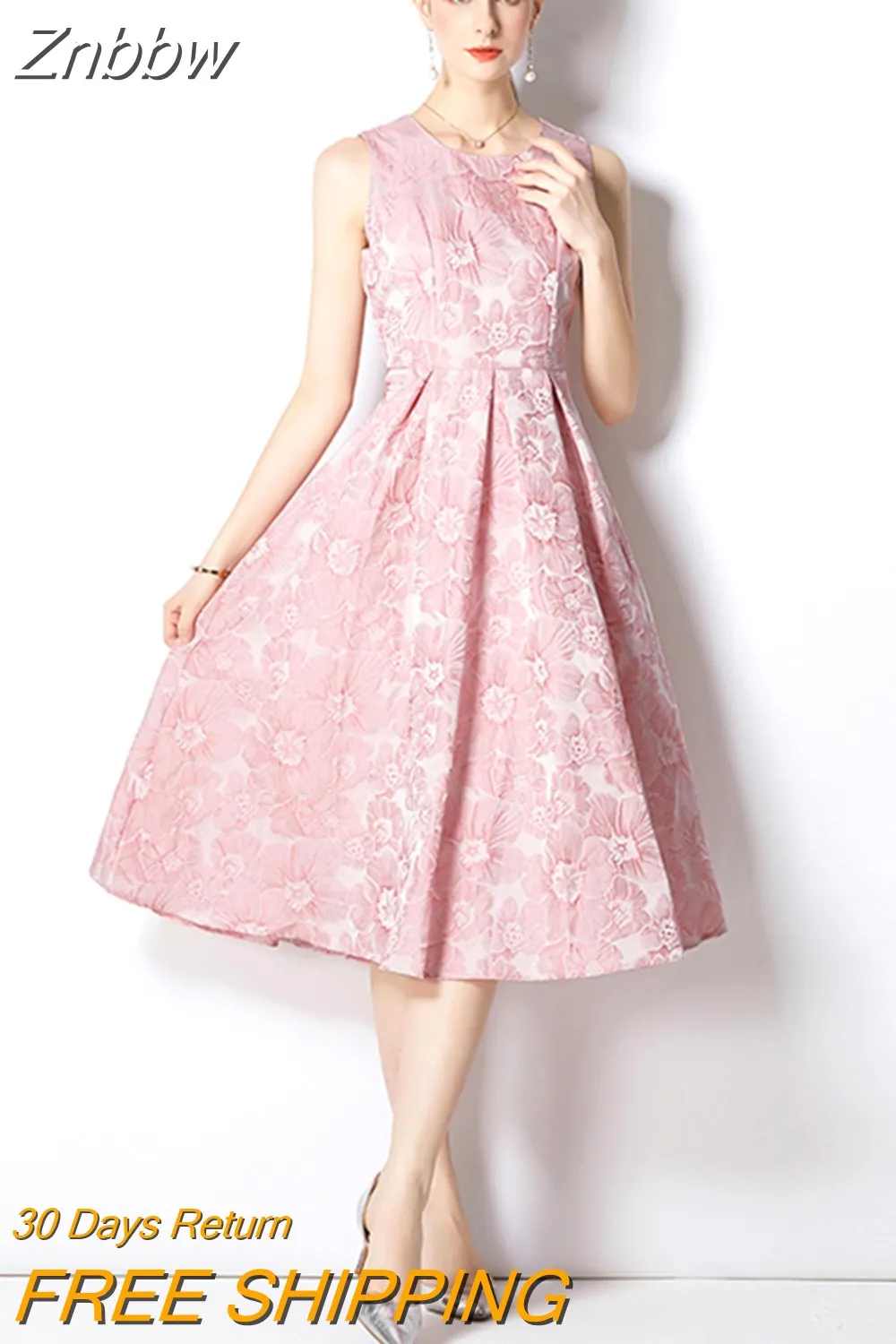 Znbbw Runway Women's Sleeveles Floral Jacquard Dress for Summer Party Elegant High Waist Casual Tank Robe Femme 2023 New