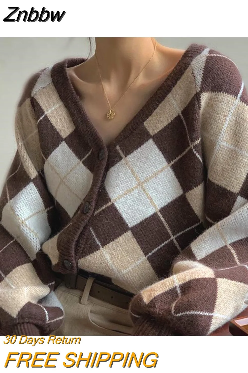 Znbbw Y2K Oversize Women's Knitted Jacket Vintage Argyle Cardigan Sweater Korean Style Plaid Single Breasted Jumper Autumn