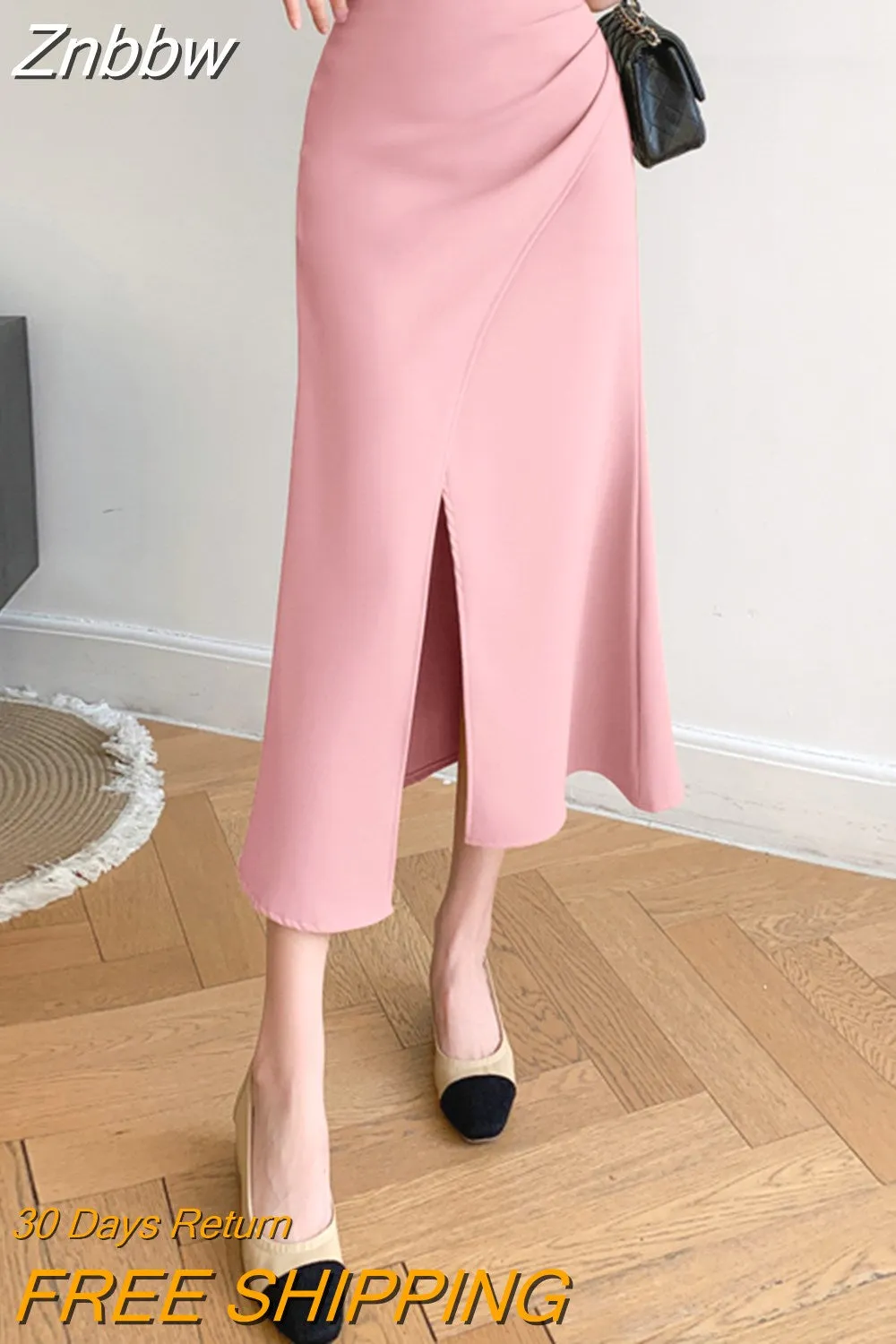 Znbbw Vintage Design Simple A-Line Skirts Sexy Split Folds High Waist Women Midi Skirt Elegant Female Office Skirt Jupe Femme