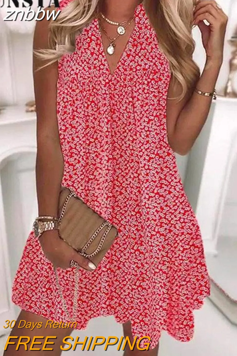 znbbw Summer Sexy Boho Floral Print Mini Dress Casual Retro Sleeveless V-neck Loose Dress Women Elegant New A-Line Beach Sundress