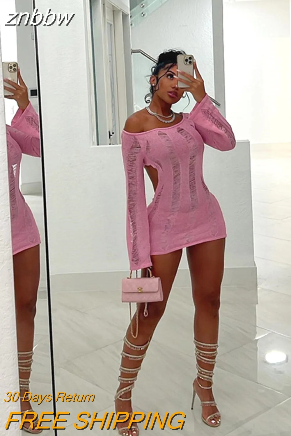 znbbw Summer Sexy Hollow Out Bodycon Bcakless Mini Dresses Club Outfit For Women 2023 Long Sleeve Pink Knit Short Dress Female