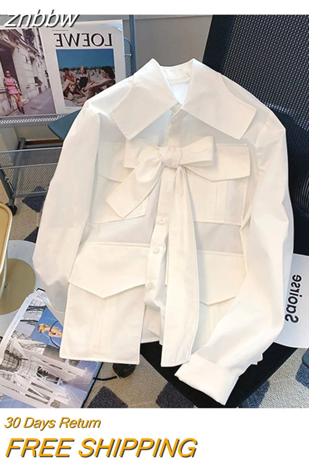 znbbw Summer Fashion Casual Loose Long Sleeve Single Breasted Shirt Spring Women's Pockets Turn-Down Collar Bow White Blouse Top