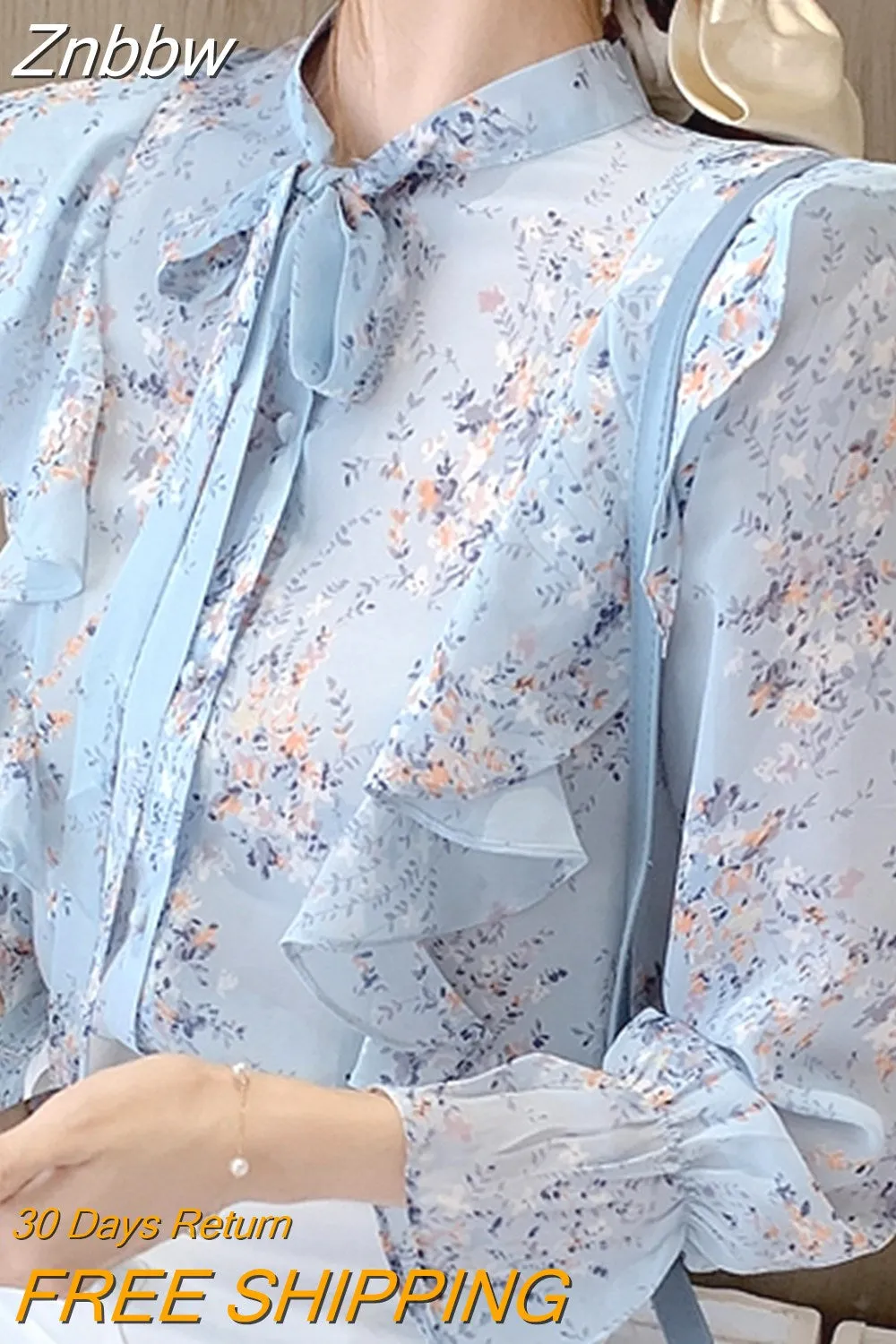 Znbbw Long Sleeve Blouse Women Blusas Mujer De Moda 2023 Ruffles Blue Print Chiffon Blouse Shirt Tops Women Blouses Blusa D743