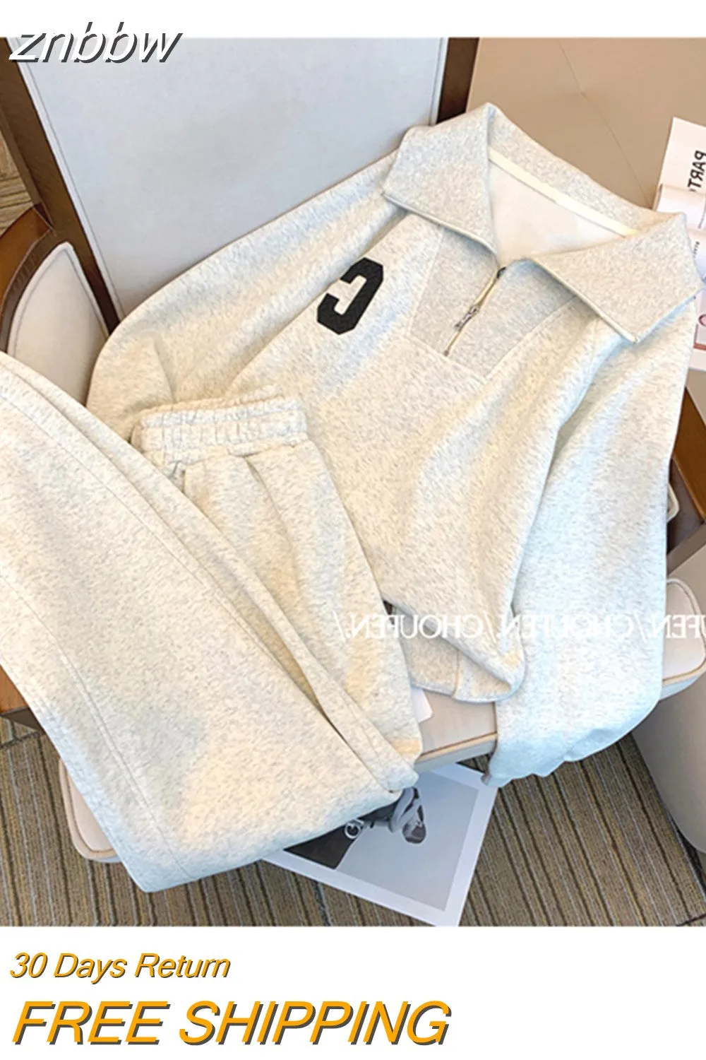 znbbw Women 2 Piece Grey Sweatshirt Tracksuit Set Zipper Sporty Pullover Coat Top Elastic Waist Wide Leg Jogger Oversized Pant 2023