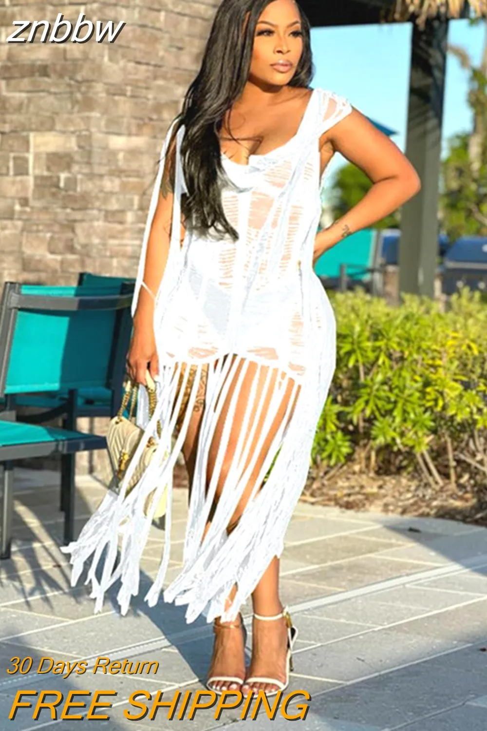 znbbw Summer Beach White Hollow Out Mini Dress Club For Women 2023 Sexy Mesh Knit Tassel Short Dress Black New In Dress Female