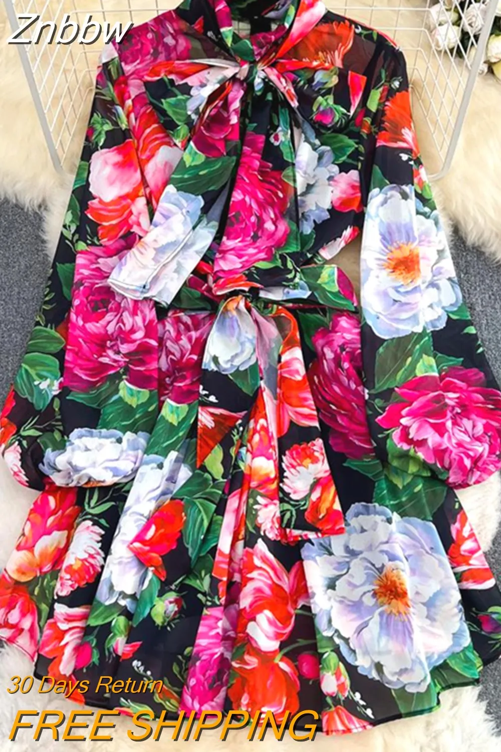 Znbbw Summer Rose Flower Bohemain Chiffon Dress Women's Bow Tie Collar Long Lantern Sleeve High Waist Lace Up Mini Vestidos