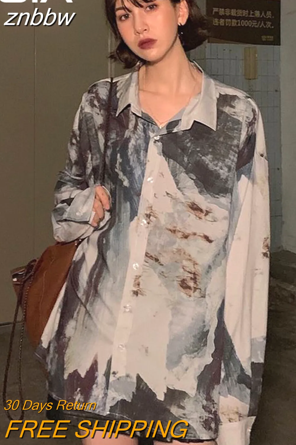znbbw Casual Abstract ink printing Long Sleeve Women Blouse Tunic Shirt Turn-Down Collar Loose 2023 Autumn Oversize Ladies Tops