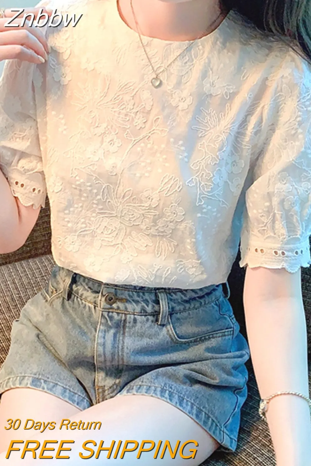 Znbbw New Short Sleeve Blouse Women O-Neck White Blouse Shirt Women Tops Blusas Mujer De Moda 2023 Verano Blouses Shirts G440