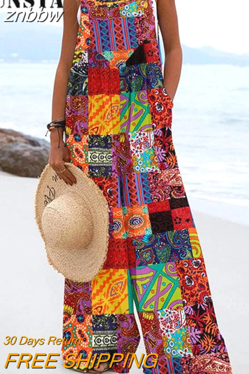 znbbw Wide Leg Pants Dungaree Bib Overalls Sleeveless Oversized Vintage Print Jumpsuits Women Strap Loose Summer Folds Jumpsuit