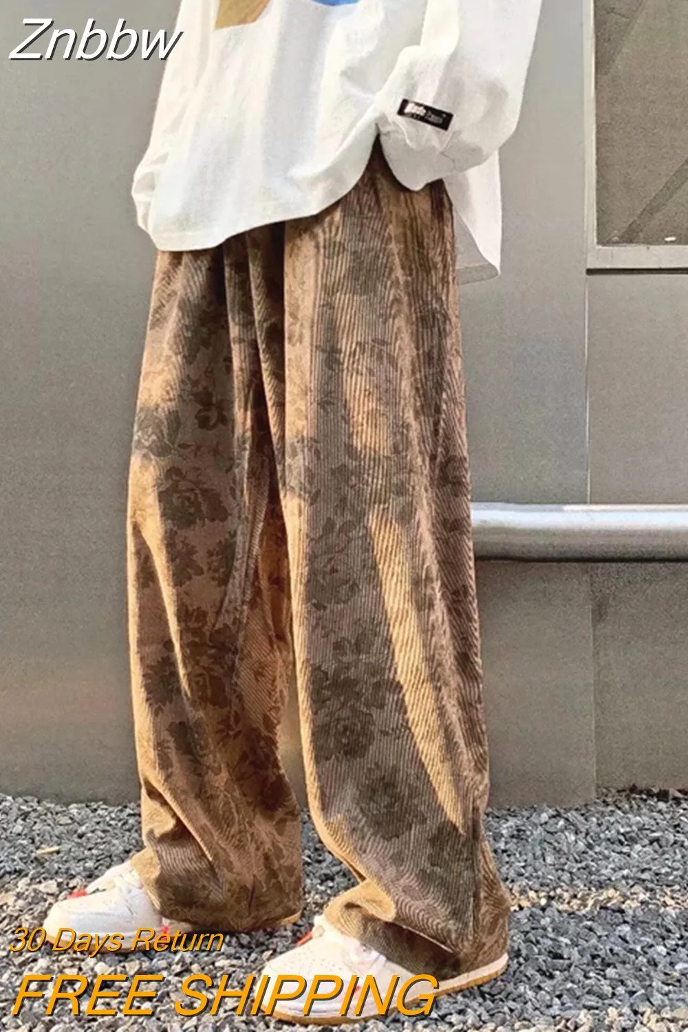 Znbbw Mens Corduroy Pants Loose Casual Wide Leg Sweatpants for Women Vintage Distressed Printed Straight  Trousers Fashion Streetwear