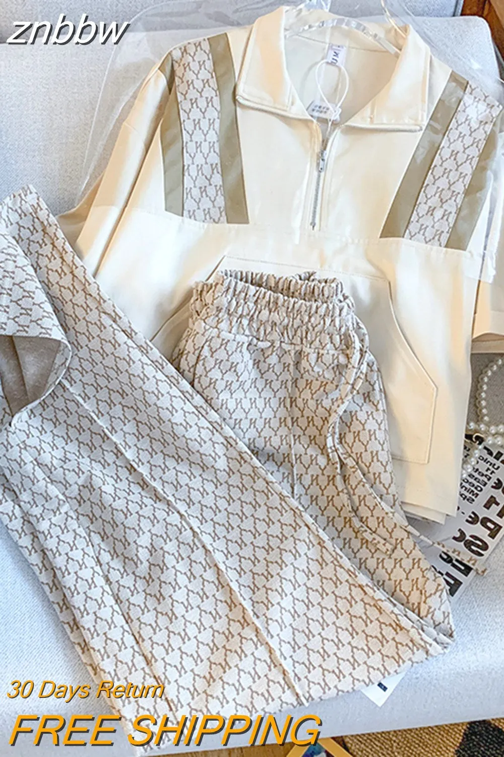 znbbw Fashion Casual Sports Geometric 2 Piece Set Women Half Open Collar Zipper Top+Elastic Waist Long Pants Joggers Pants Suit