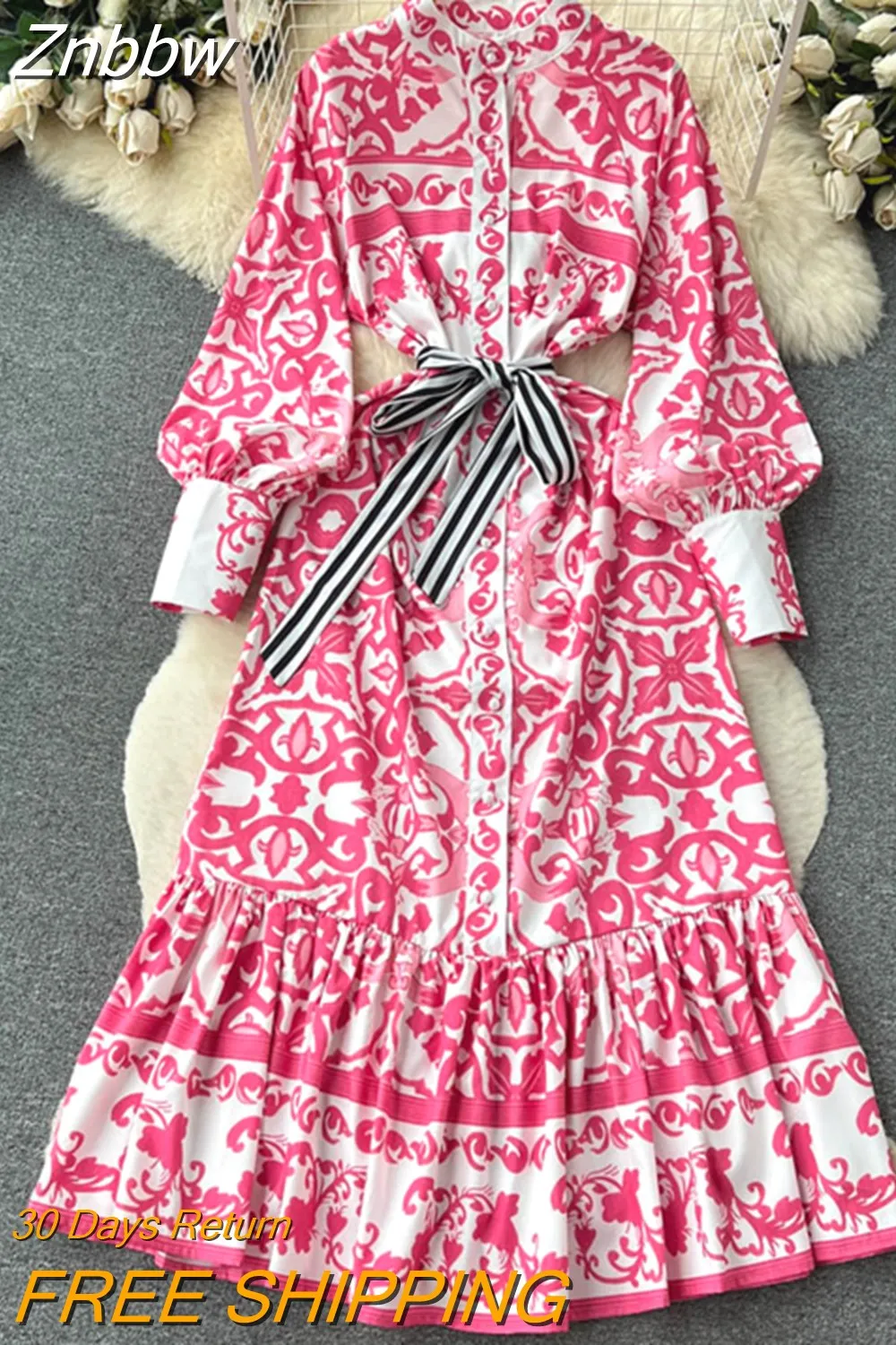 Znbbw Style Long Dress Women's Stand Collar Lantern Sleeve Ruffles Hem Geometric Printing Sashes Maxi Party Vestidos N5794