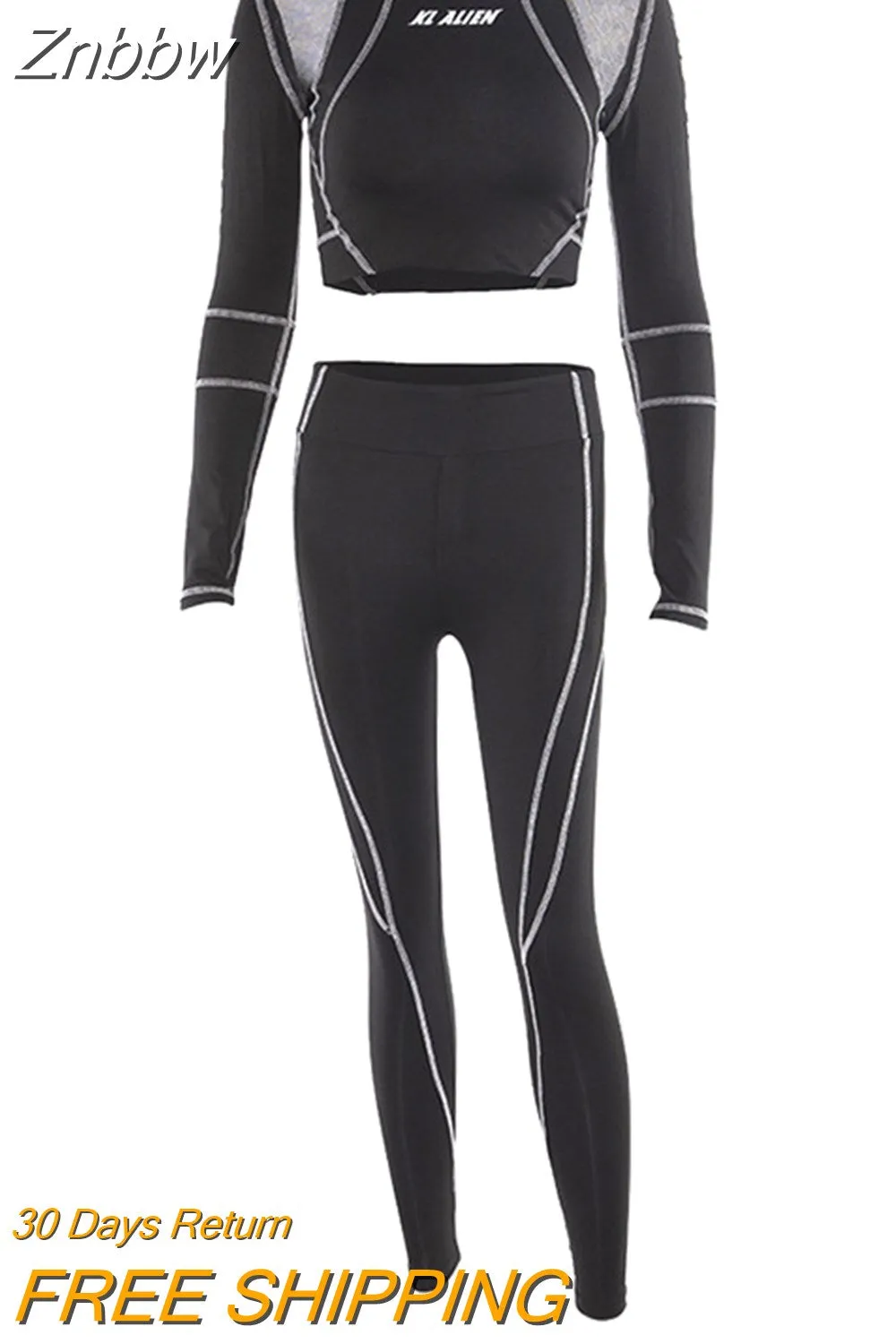 Znbbw Letter Print Turtleneck Top + Leggings Striped Patchwork Fashion Casual Women Fitness Sport Two Pieces Set Tracksuits