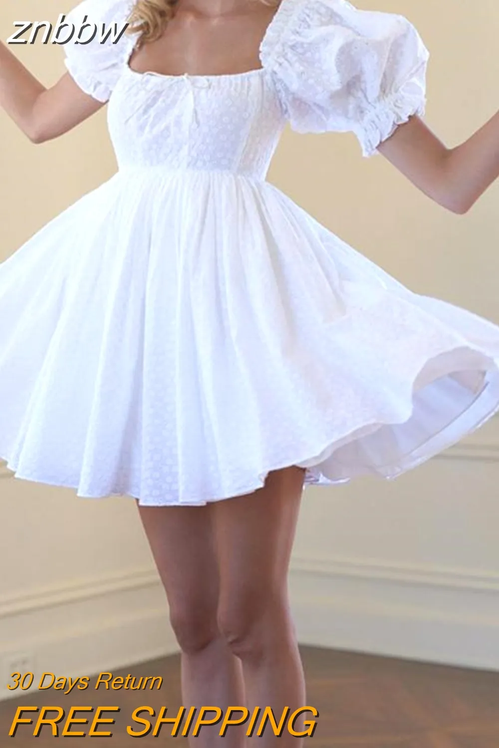 znbbw Women Elegant Square Collar Mini Dresses Sexy High Waist Pleated Party Dress 2023 Vintage Spring Summer Puff Sleeve A-Line Dress