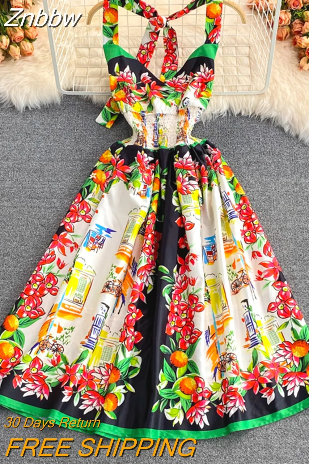 Znbbw Halter Backless Women Sexy V-Neck Beach Dress 2023 Summer Runway Floral Print High Elastic Waist Party Vestidos N7398