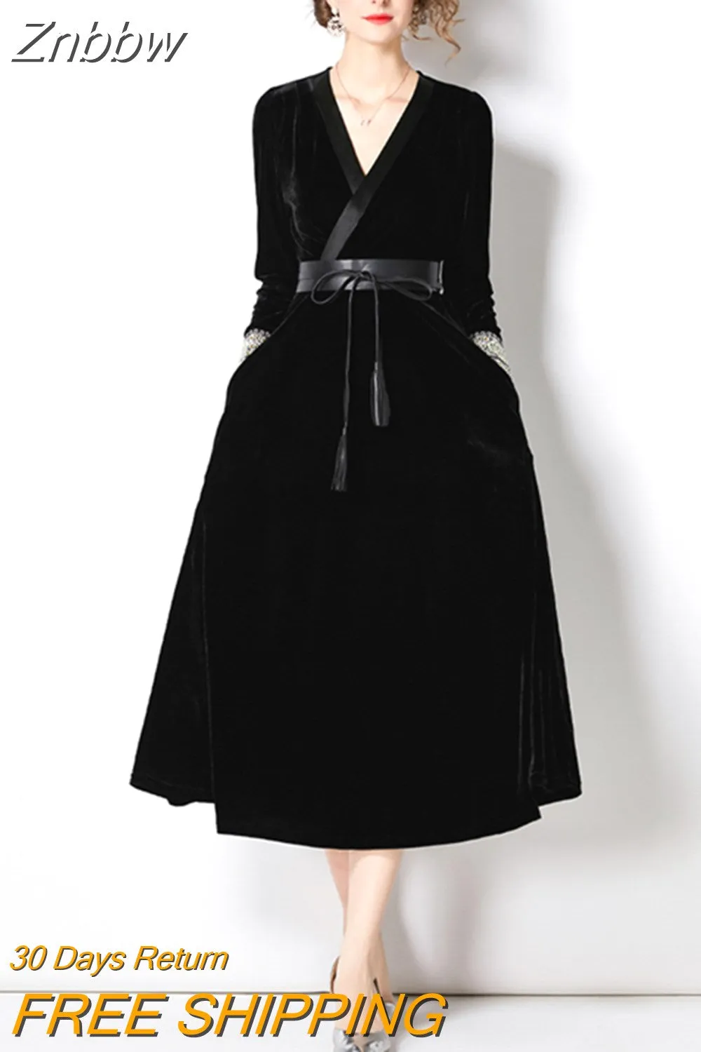 Znbbw Winter Women Elegant Embroidery Black Velvet Midi Dress Vintage Long Sleeve Sashes Office Party Robe Femme Design Dress