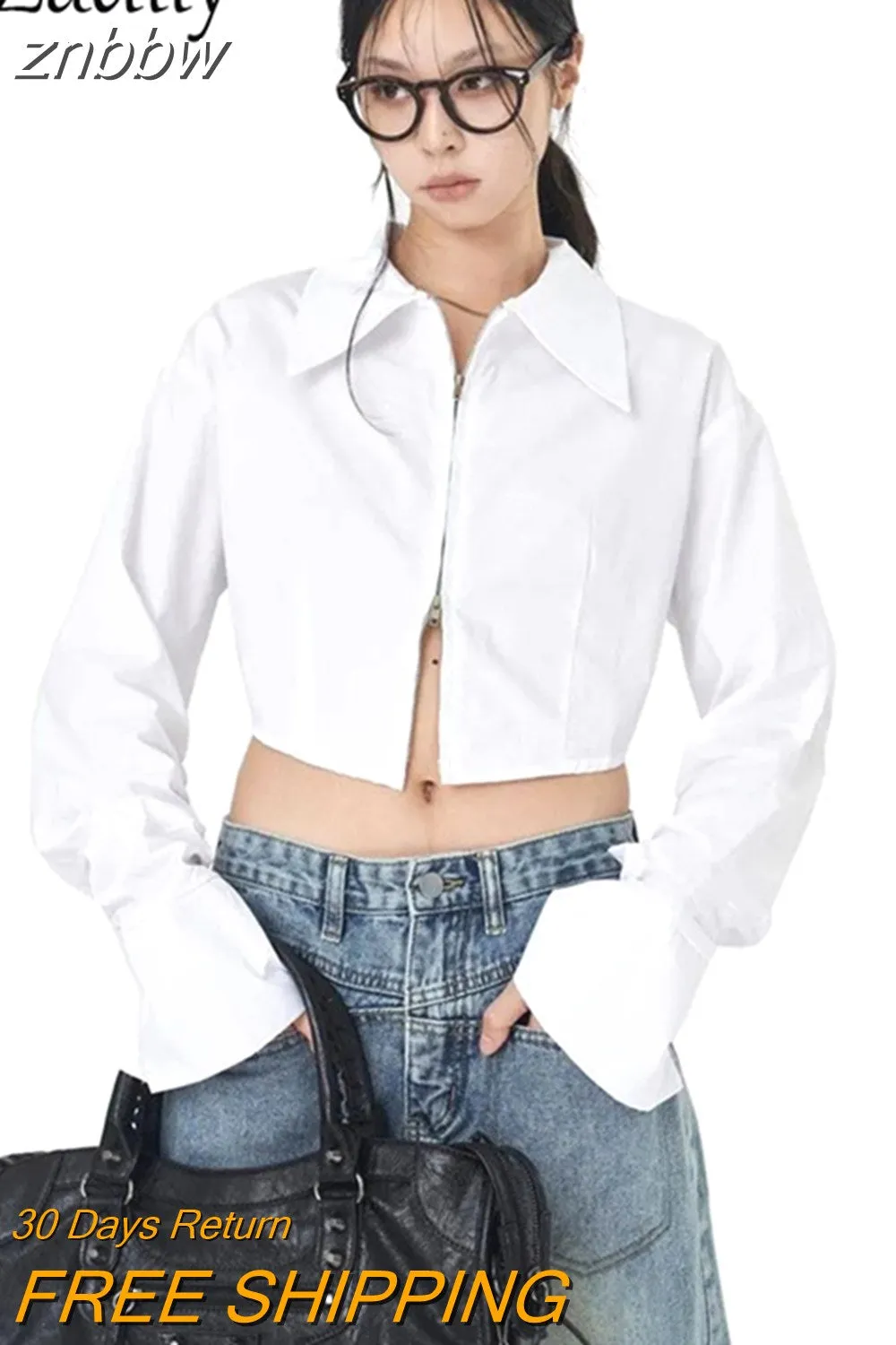 znbbw 2023 Spring Long Sleeve Women's White Shirt Streetwear Y2K Zipper Up Woman Crop Top Blouse Casual Summer Female Clothing