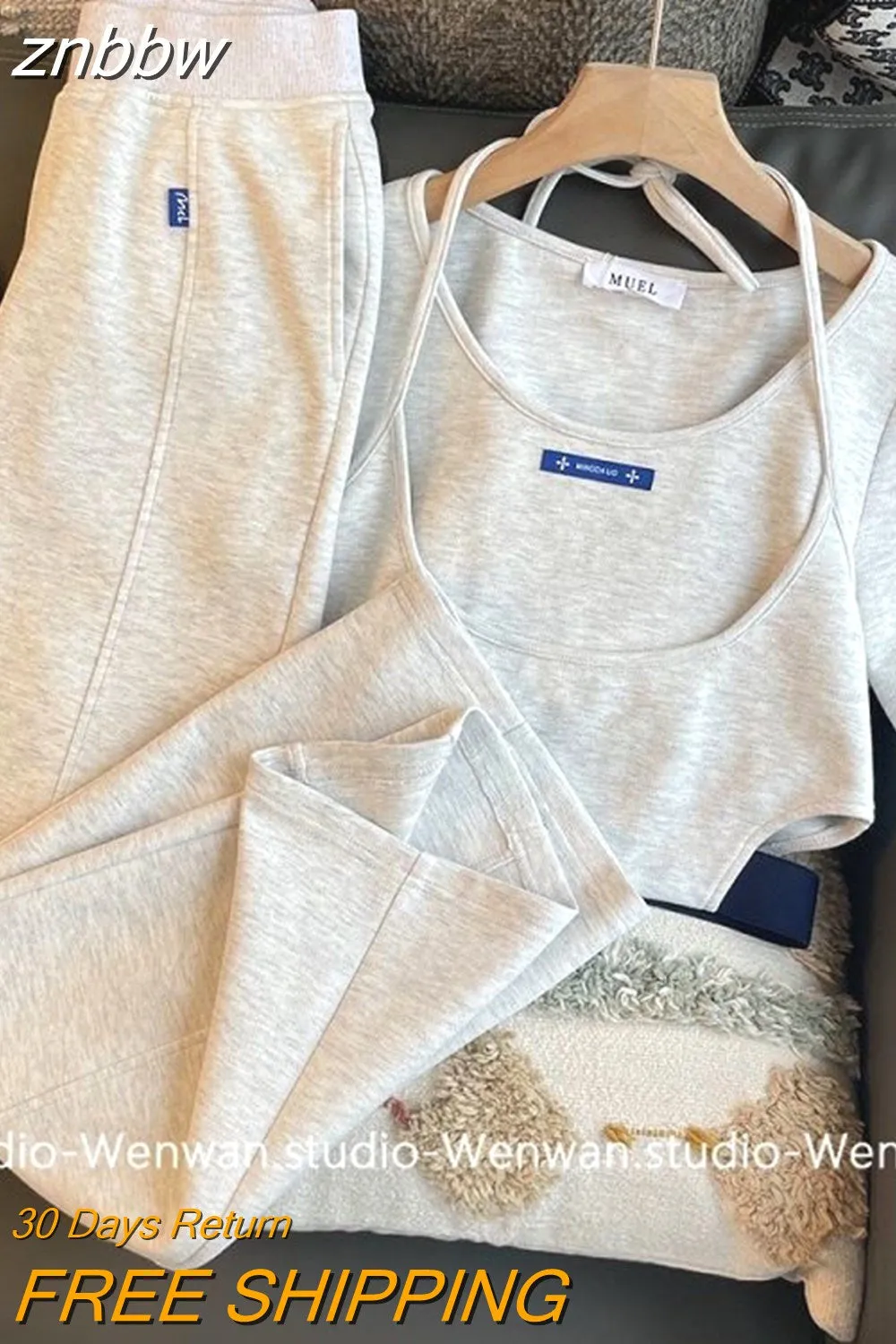 znbbw Summer New Women's Fashion Sexy Bandage Two-piece Set Sleeveless Tight Tank Top & High Waist Wide Leg Trousers Pants Set