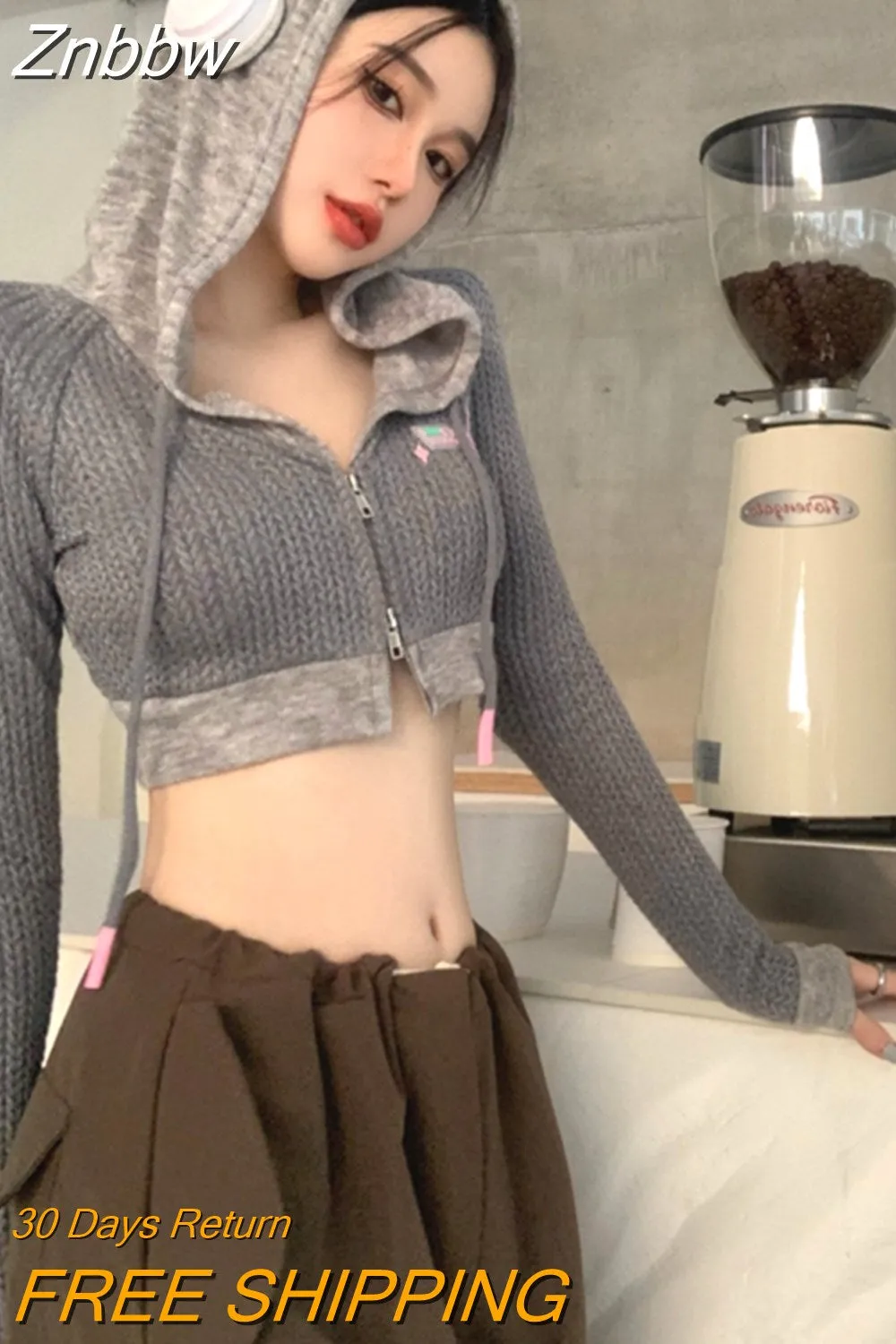 Znbbw Y2K Vintage Hooded Cropped Cardigan Women Harajuku Kpop Zipper Knitted Sweater Korean Fashion Slim Long Sleeve Tops 00s