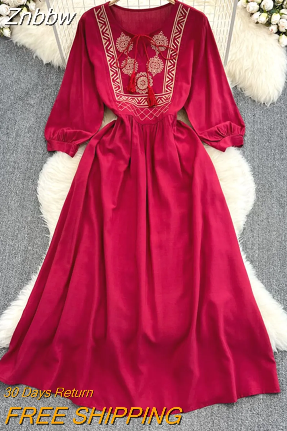 Znbbw Summer National Temperament Round Long Sleeve Embroidered Loose Lace A-line Dress Elegant Large Swing Vestidos D1571
