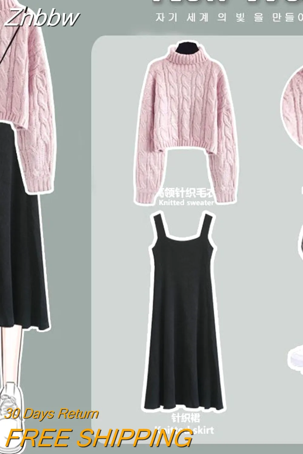 Znbbw Women's Autumn Winter Pink Sweater Korean Lady Casual Knit Pullover Black Dress Two Piece Set 2023 New Elegant Outfits