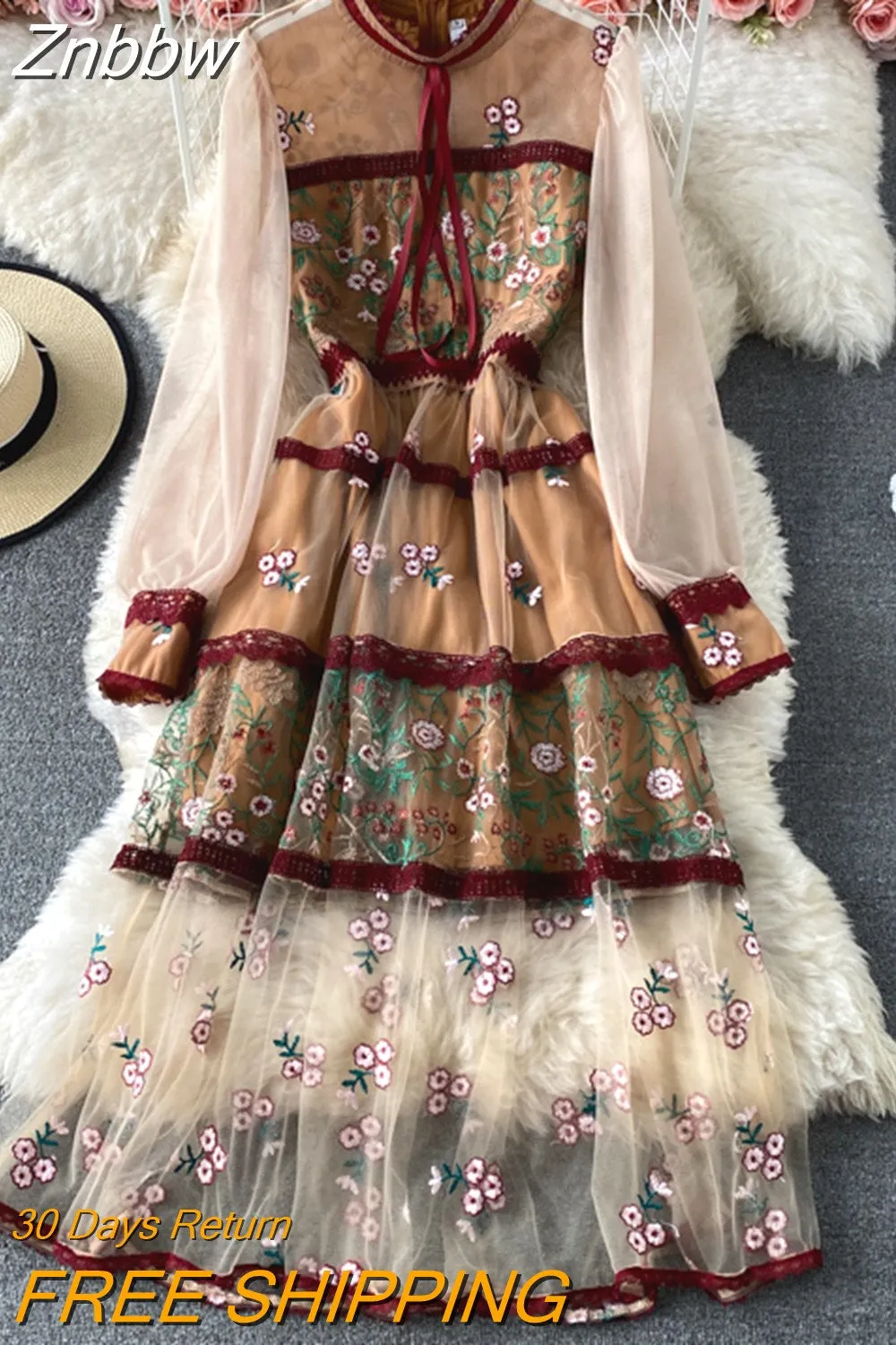 Znbbw Women Elegant Long Lantern Sleeve Tulle Mesh Dress Floral Embroidery Stitching Lace Trims High Waist Bow Deco Party Dress