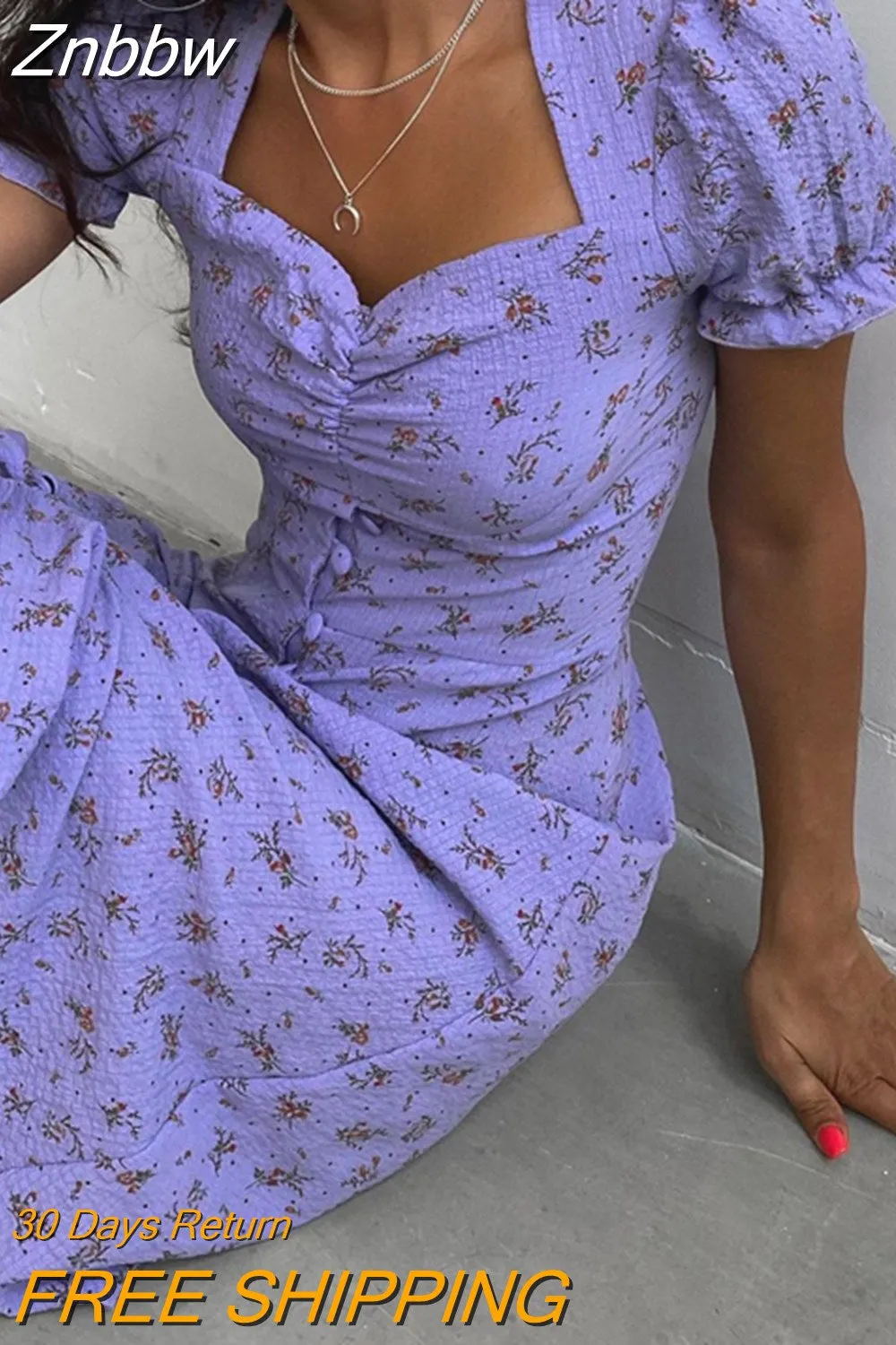 Znbbw Vintage Puff Sleeve Floral Dress Women Side Split Long Dress Female Boho Beach Holiday Dress Retro Print Sundress Vestido