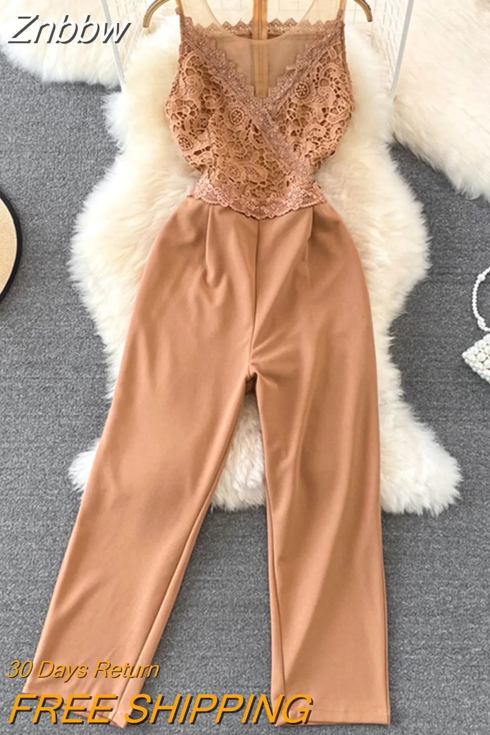 Znbbw Women Summer Jumpsuits Self-cultivation Fashionable Jumpsuit Round Neck Lace Panel Waist Tight Straight Jumpsuit Long Pant D2729