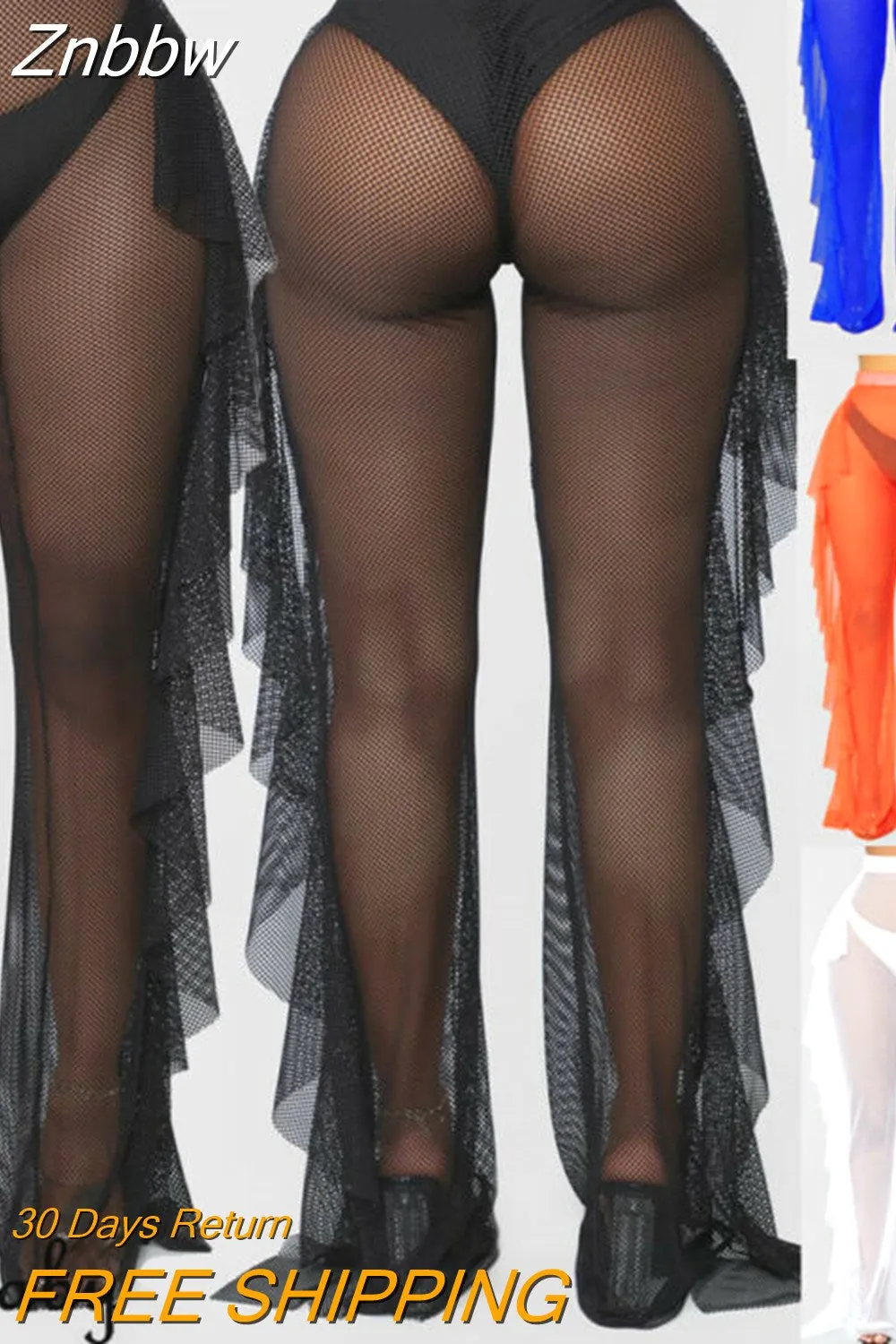 Znbbw Women Beach Cover Up See Through Ruffle Pants Mesh Sheer Long Pants Bikini Cover Up Bottoms Swimsuit Swimwear