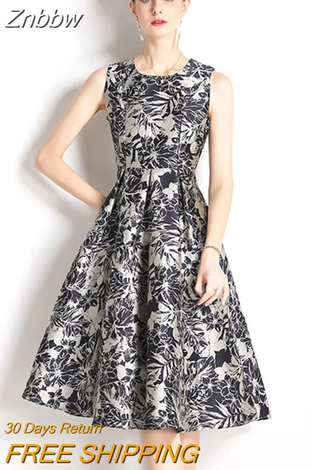 Znbbw Quality Elegant Women Luxury Jacquard Dress Summer Fashion Sleeveless Floral Vintage Ladies Party A Line Midi Dress 247