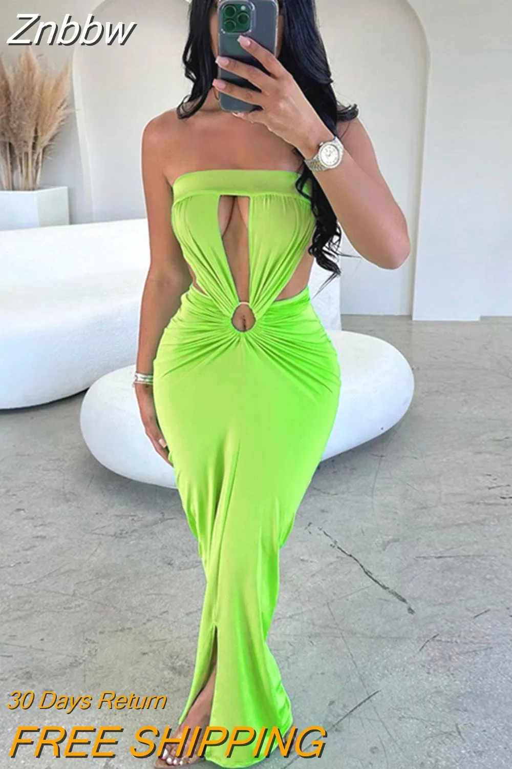 Znbbw Strapless Backless Lace Up Corset Bodycon Maxi Dress Women Cut Out Casual Slit Sundress 2023 Summer Night Prom Y2K Clothes