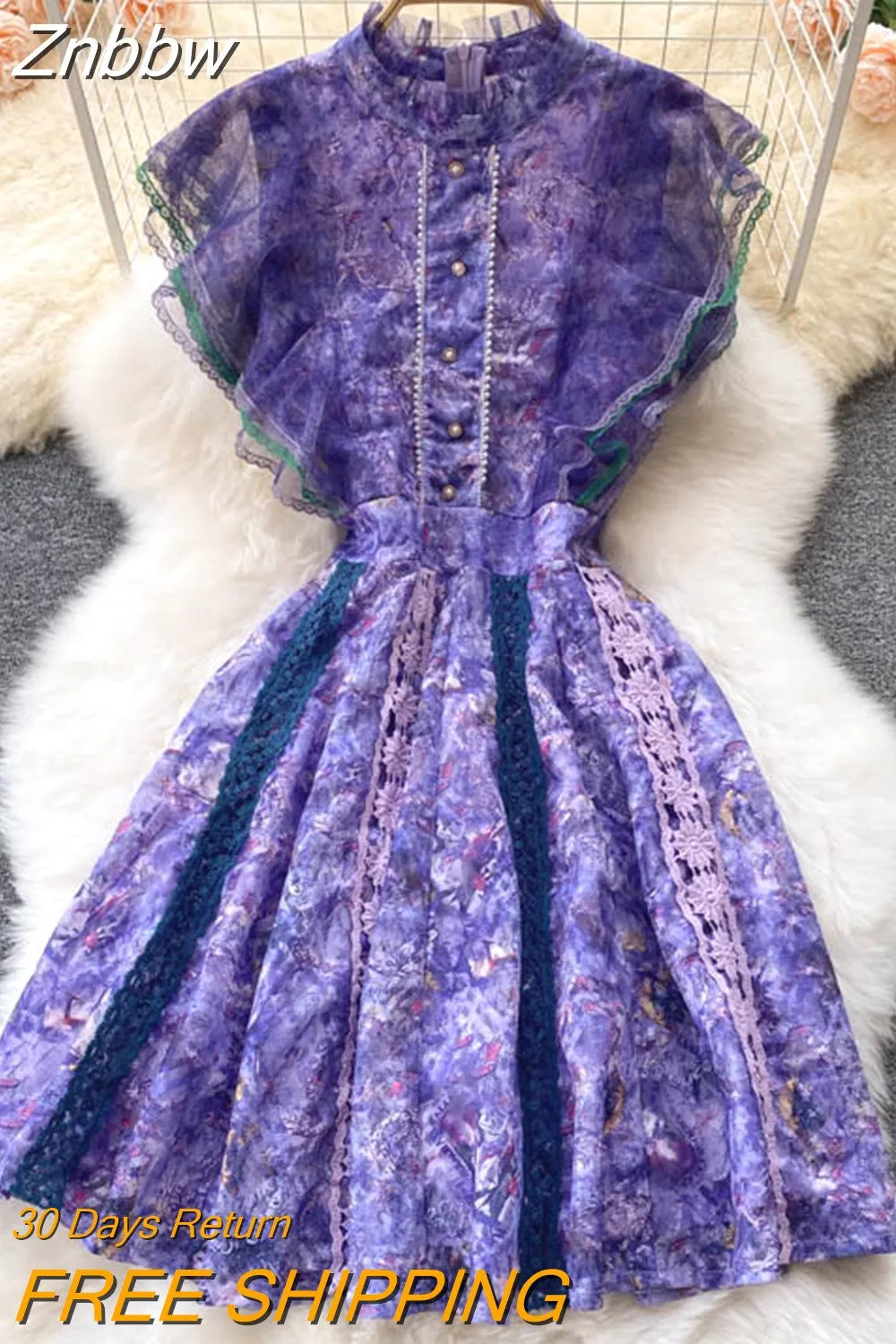Znbbw Quality New Summer Fashion Runway Vintage Dress Women Lace Mesh Ruffles Flowers Embroidery Dress Ladies Runway Dresses