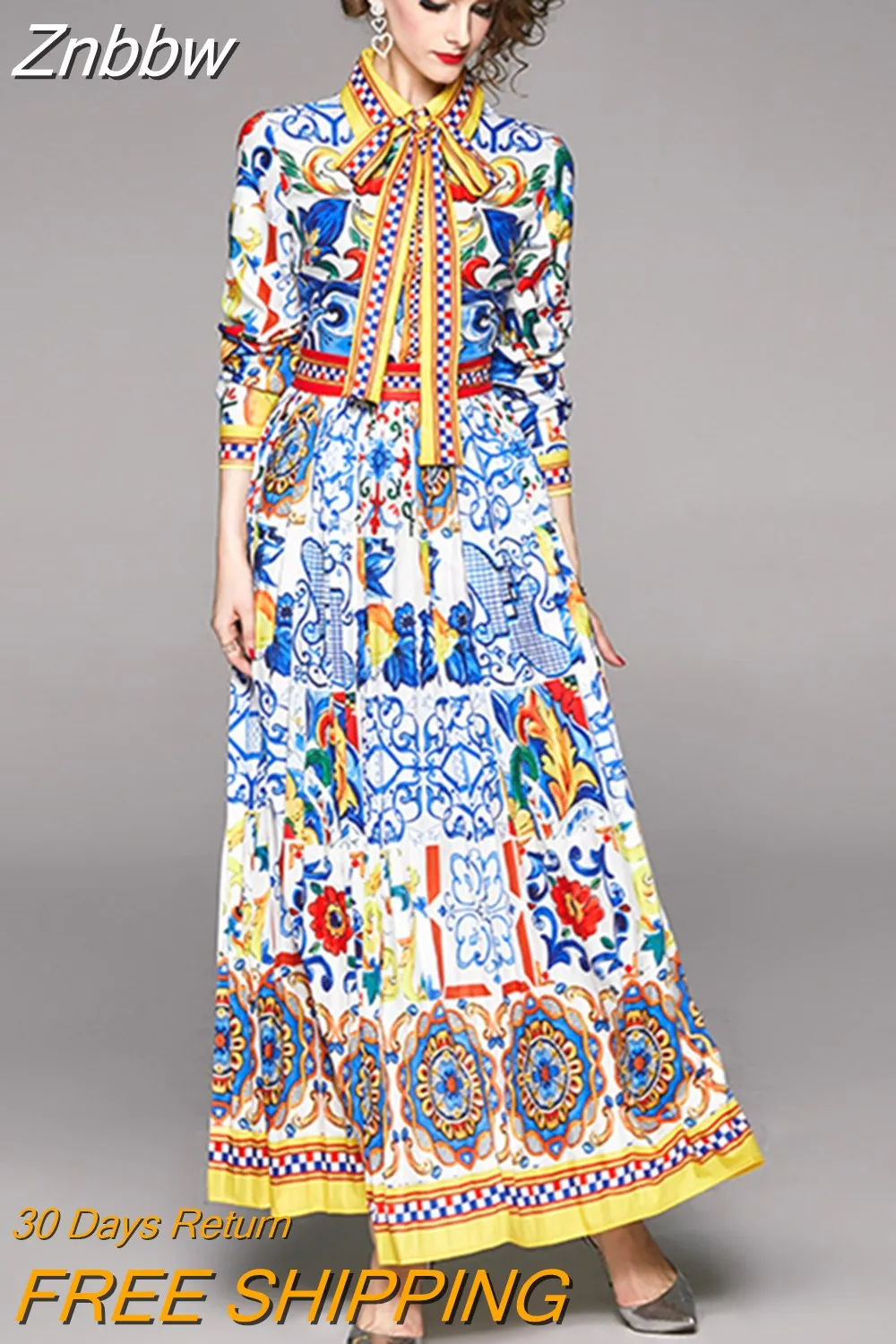Znbbw Fashion Runway Maxi Dresses 2023 Spring Women's Long Sleeve Blue and White Porcelain Floral Print Holiday Long Dress