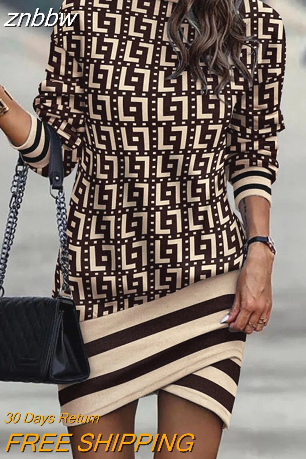 znbbw Winter Women O-Neck Spliced Straight Dress Harajuku Retro Long Sleeve Mini Dress 2023 New Contrasting Geometric Print Dress