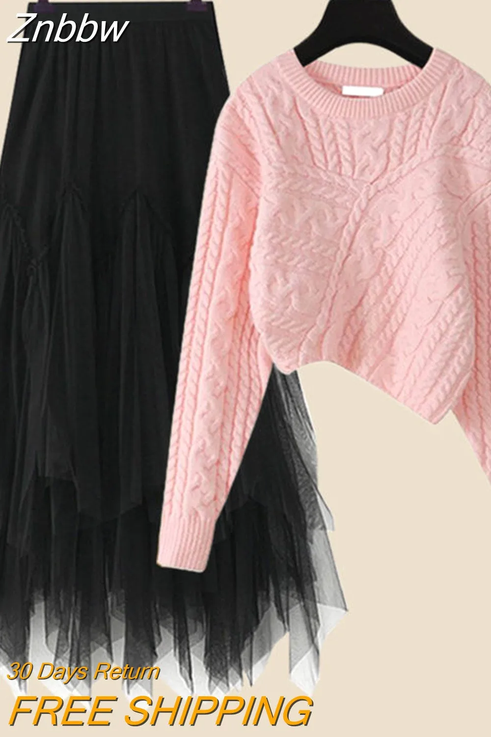 Znbbw Sweater Two Pieces Suits Long Sleeves Knit Top+ Elatic Waist Long Mesh Skirt Sets Women Suit